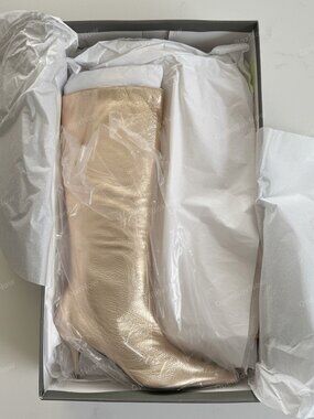 AREZZO Metallic Gold Women's Pointed-Toe Knee Boot with Kitten Heel